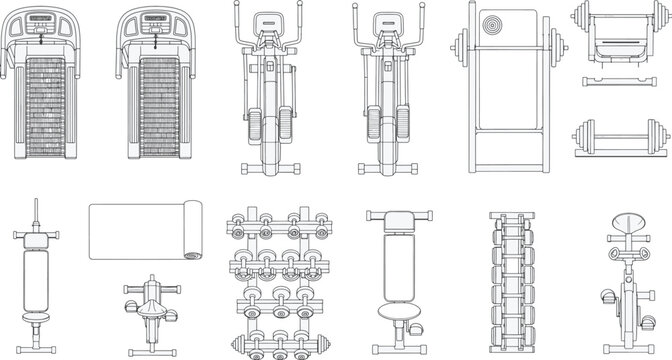 Gym equipment layout, illustrating the tools available for exercise and fitness in a fitness environment. Representing a detailed top-down view of the physical equipment.