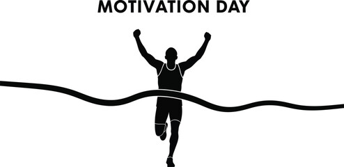 Silhouette of a victorious runner breaking the finish line tape with both arms raised in triumph celebrating motivation day success and athletic achievement