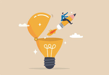Creativity to create new idea, imagination or invention, inspiration, education or genius idea, writing content or boost creative thinking concept, man riding pencil rocket from opening lightbulb