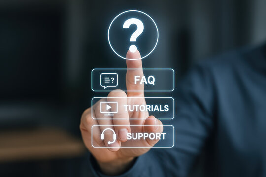 Help faq tutorial support knowledge user touches holographic question mark icon for online assistance and learning with calm professional tone
