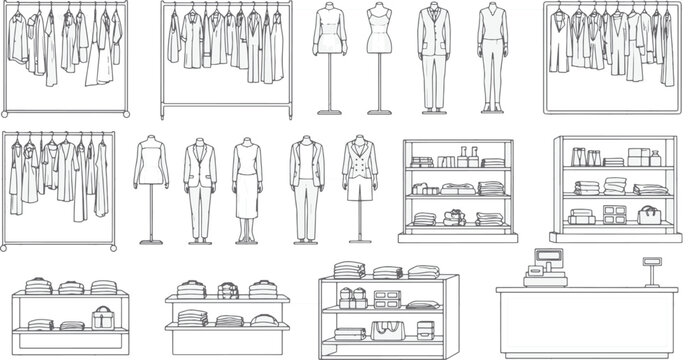 A detailed and organized illustration showcases the interior of a retail clothing store, presenting apparel and store fixtures.