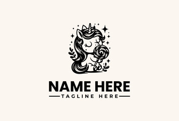 Black and white illustration of a smiling unicorn logo with a crown, stars, and flowing mane on a beige background, with space for a name and tagline. © vectorvovdesign