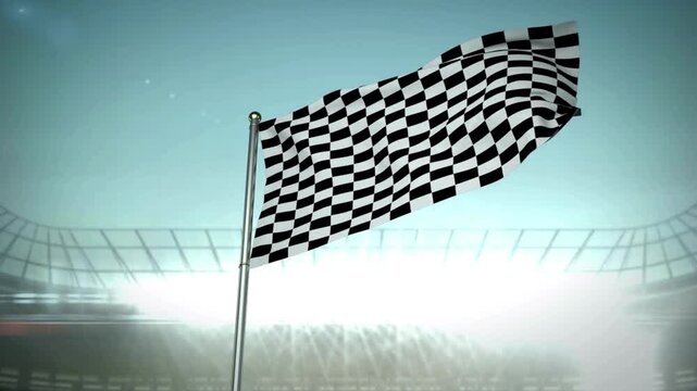 A black-and-white checkered flag waves over a sunlit stadium with bright stands and vast blue sky.!!