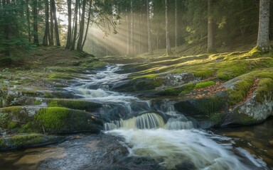 Obraz premium Forest Stream Photography, Woodland Creek Cascade, Mossy Rocks Water, Sunlight Through Trees 