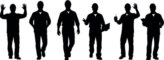 Set of construction worker silhouettes wearing hard hats and safety gear in various poses like walking waving and holding a clipboard