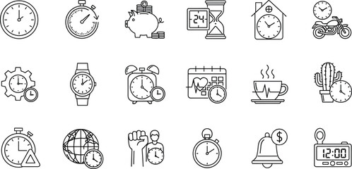 Time management icon set illustration, clocks alarms schedules productivity symbols, deadline planning concept, efficiency lifestyle organization, stopwatch calendar tools, outline flat vector