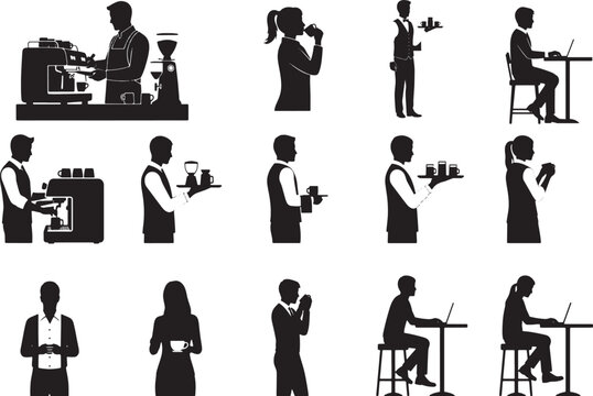 A collection of silhouetted figures engaged in various caf&eacute; and barista activities, from brewing coffee to serving customers, depicting a dynamic coffee culture.
