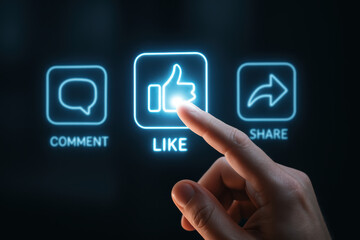 Like social engagement interaction comment share A glowing touchscreen interface shows a hand tapping a like icon conveying excitement and digital connection