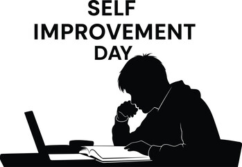 Celebrating self improvement day with a focused silhouette of a dedicated student intensely studying a book beside a modern laptop, symbolizing personal growth and learning.