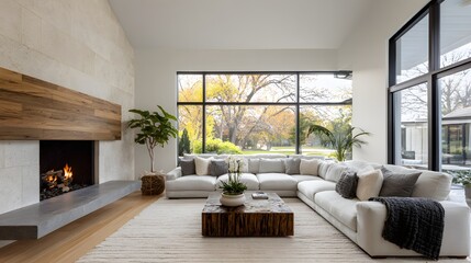 Bright modern living room wide view sofa and fireplace soft natural light