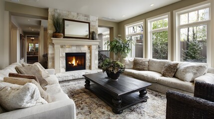 Warm living room wide composition with fireplace and fabric sofa natural light
