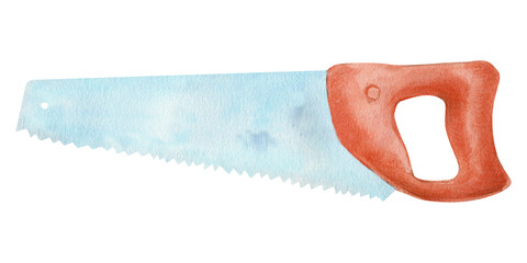 Hand painted watercolor illustration of a hand saw. Isolated woodworking tool on white background, suitable for carpentry, DIY projects, construction themes, repair work