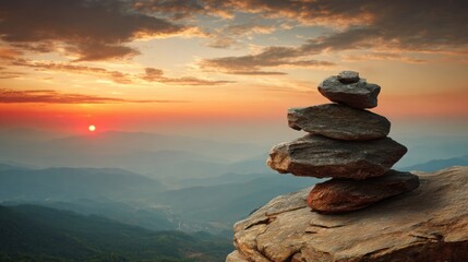 Stunning panoramic view of a layered stone cairn overlooking a mountain landscape du sunset with a vibrant colorful sky and distant misty peaks