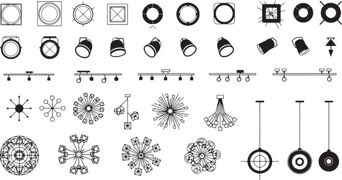 An array of architectural lighting options displayed as a comprehensive set of illustrations, showcasing design elements of light fixture.