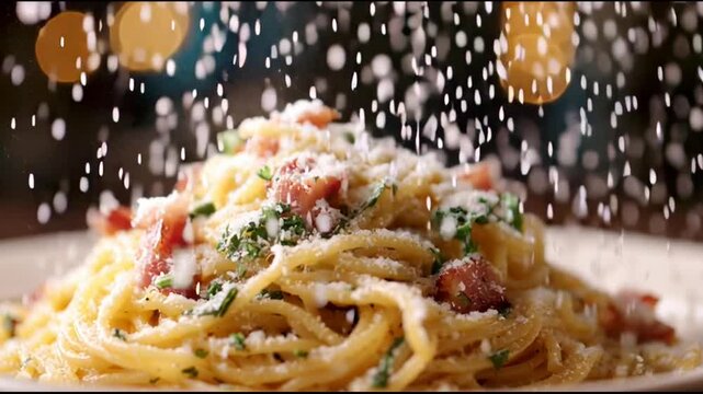 Spaghetti Carbonara With Parmesan Snowing Effect Shallow