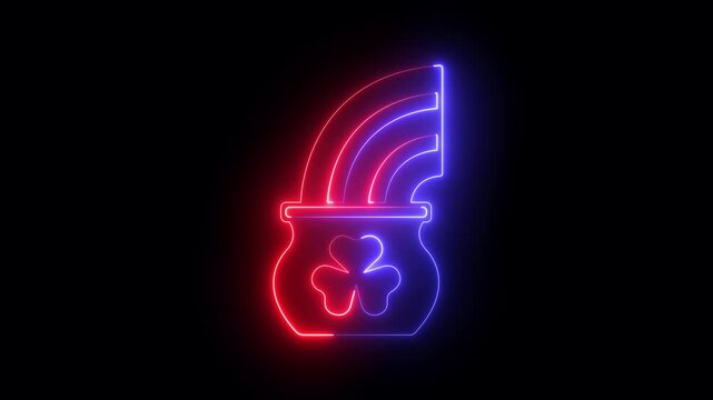 neon Pot of gold with magic rainbow icon isolated on black background. Pot of gold with magic rainbow icon animation. St. Patrick's Day. 4k video animation.