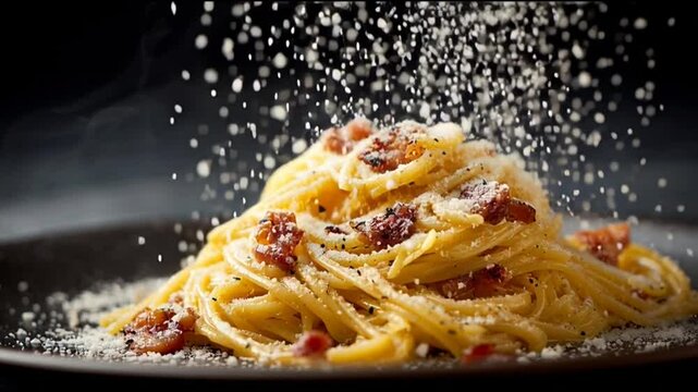 Spaghetti Carbonara With Parmesan Snowing Effect Shallow