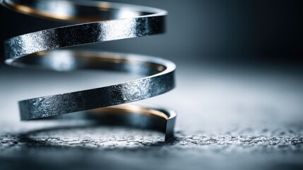 Macro close-up of a metal coil sp with a dark blurred background, showcasing detailed textures and shiny reflective surfaces on a textured floor