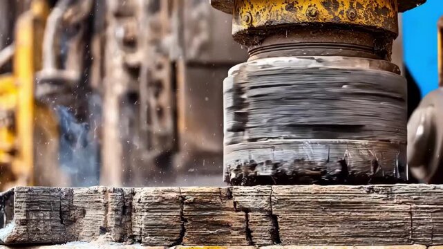 Close medium shot focusing on basalt layers during deep well injection capturing rugged volcanic rock texture with machinery actively operating.