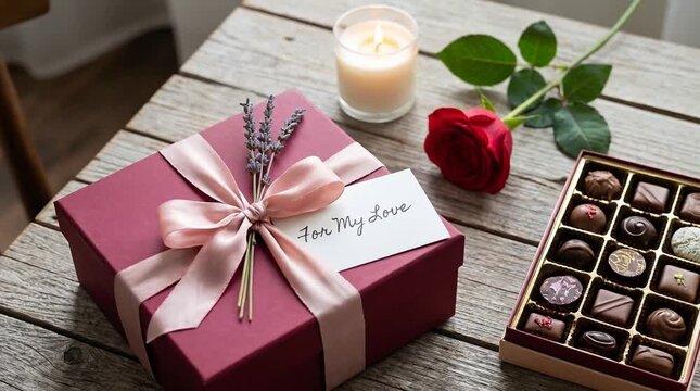 Romantic Valentine's Day Gift Arrangement with Rose, Chocolates, and Candle