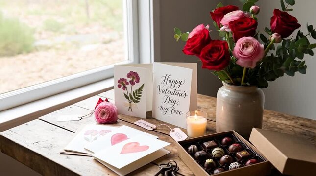 Romantic Valentine's Day Still Life with Red Roses, Chocolates, and Heart-Themed Greetings