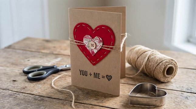 Handmade Rustic Valentine's Day Card with Stitched Heart and Twine