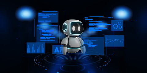 3d render Artificial Intelligence Robot with Data Visualization and Analytics on a Virtual Screen.