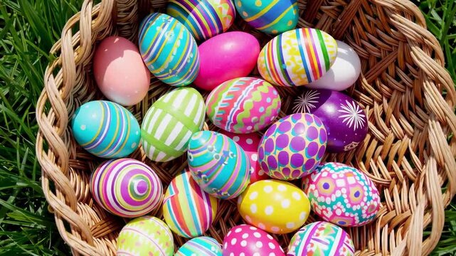 A woven basket brimming with pastel Easter eggs, striped and spotted, on bright green grass. Cheery, Easter, Easter with painted eggs, easter eggs, footage, 4k footage, videos, video clip, slow motion