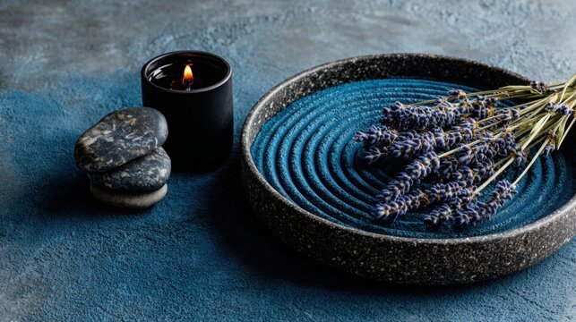Aromatherapy setup with lavender flowers and black candle in a textured bowl on a textured blue surface for relaxation and wellness ambiance