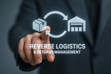 Reverse logistics returns management - Business professional pointing at virtual package and warehouse icons to illustrate return process efficiency and customer service in supply