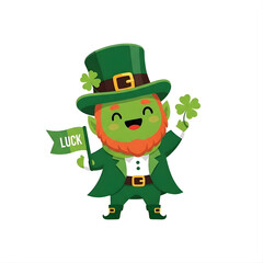 A cheerful cartoon leprechaun character in green outfit holds a flag for luck and a four-leaf clover
