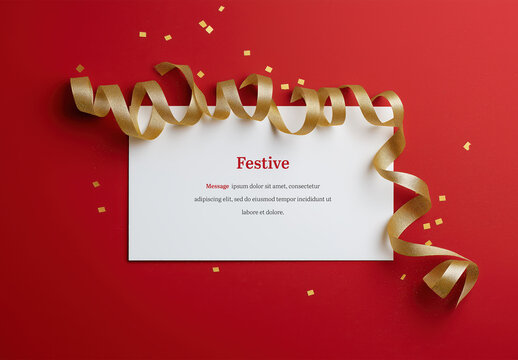 Festive Card Mockup With Red Background and Gold Curlie Bow