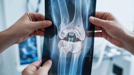 Knee pain surgery options concept. Hands holding an X-ray image of a knee joint, showing medical examination and diagnosis.