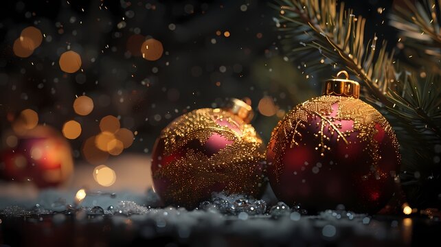 Zwei rot und gold farbene Weihnachtskugeln im Schnee.