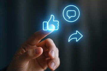 Social engagement holographic interaction digital A hand touches glowing like comment and share icons conveying optimistic connectivity and streamlined user engagement