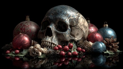 Ein weihnachtliches Gesteck mit einem Totenkopf.