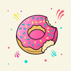 Halftone pop art dot style pink glazed donut with colorful sprinkles and bite mark vector illustration