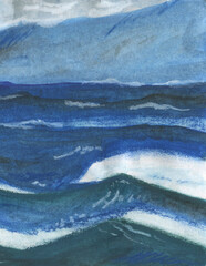 Blue background with sea and sky. Hand-drawn pastel drawing.