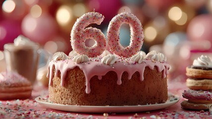 Ein Geburtstagskuchen mit einer 60 darauf, zum 60.  Geburtstag.