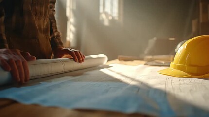 Engineer reviewing architectural blueprint on table with construction hardhat nearby in office