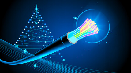 A digital illustration of a fiber optic cable with a colorful bundle of glass fibers emerging from its end against a deep blue backgroun