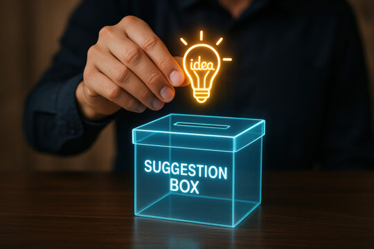 Suggestion idea feedback innovation creativity glowing lightbulb above transparent suggestion evokes hopeful engagement and encourages employee participation and creative input