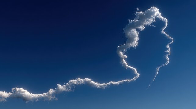 Artistic cloud formation shaped like a human face silhouette in a clear blue sky du daytime with vibrant natural sunlight