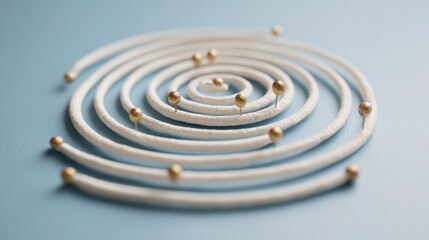 Close-up of a white concentric spiral coil with small metallic beads on a light blue background, detailed metallic thread pattern and smooth surface texture