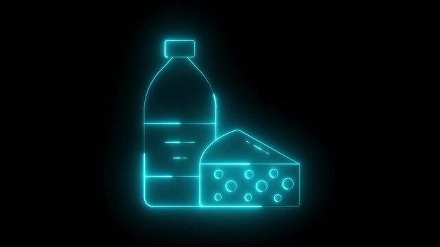 neon cheese and milk bottle icon denoting concept of dairy products. Milk product icon animation. Dairy food icon. different cheese types like cheddar and milk bottle symbol. 4k video animation