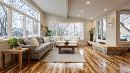 Contemporary living room interior wide angle natural light