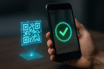 Verification security authentication access trust privacy glowing green checkmark on smartphone with holographic QR code projection conveying digital confirmation and secure