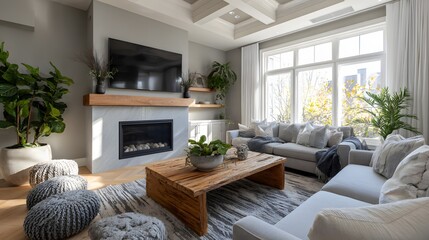 Neutral modern living room wide angle calm mood