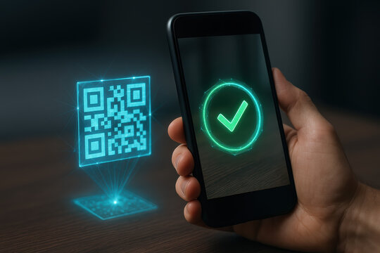 Verification security authentication access trust privacy glowing green checkmark on smartphone with holographic QR code projection conveying digital confirmation and secure - Powered by Adobe