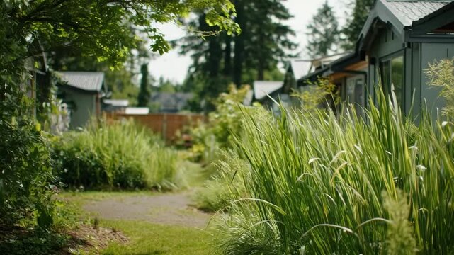 Medium shot focusing on green spacing in a tiny home community featuring homes separated by lush vegetative buffers promoting privacy and environmental harmony.